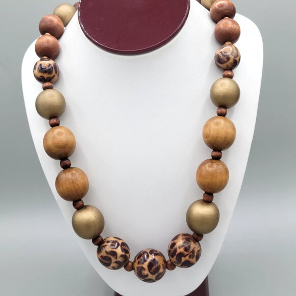 Wooden and Resin Beaded Necklace Animal Print Accents Wood Spacers 24" - Picture 2 of 9